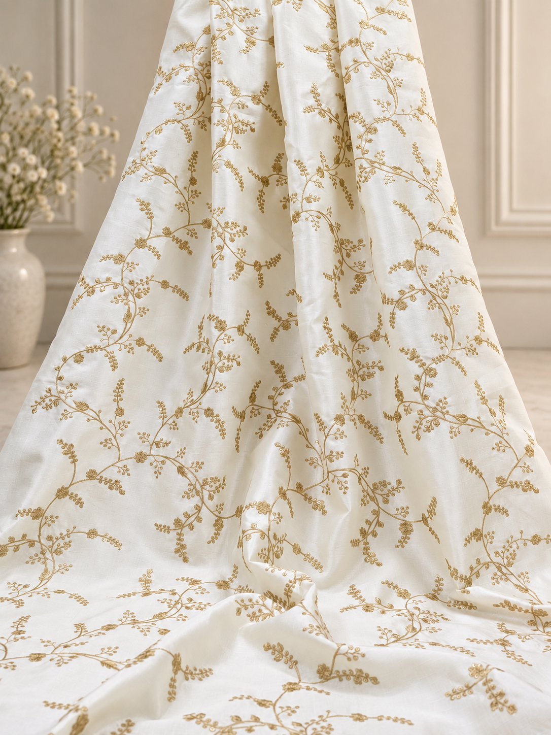 Embroidered fabric Ivory Gold Embroidery dress Fabric Bridal Dress Luxury Wedding Veil Indian Lehenga fabric upholstrey fabric by the yard