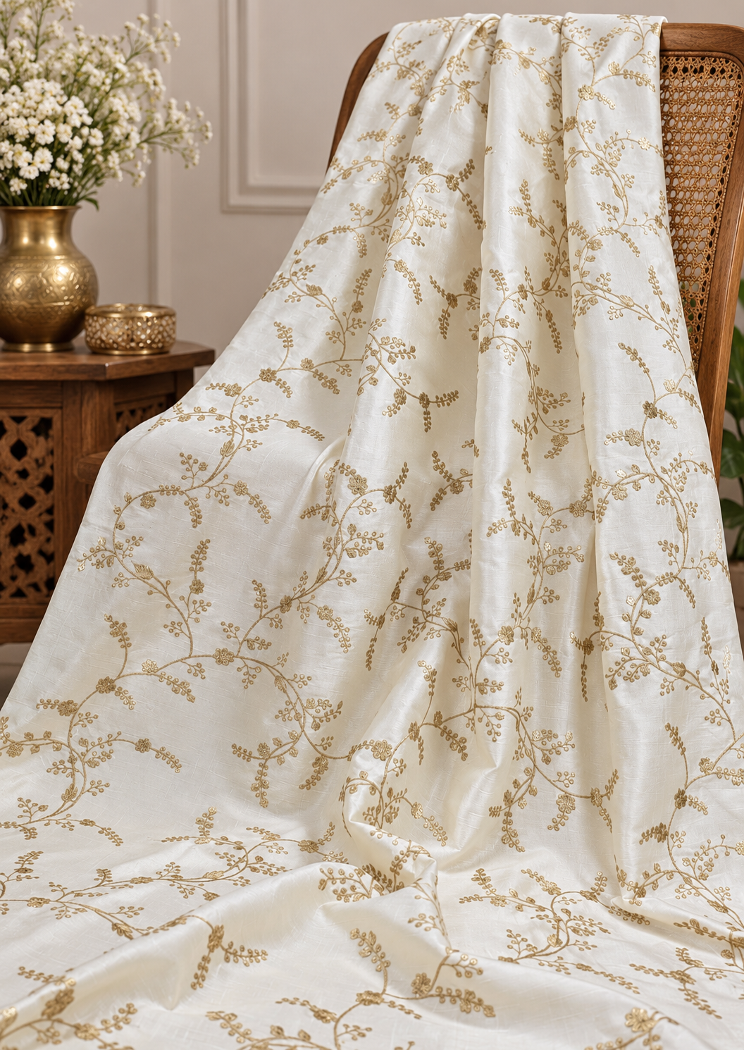 Embroidered fabric Ivory Gold Embroidery dress Fabric Bridal Dress Luxury Wedding Veil Indian Lehenga fabric upholstrey fabric by the yard