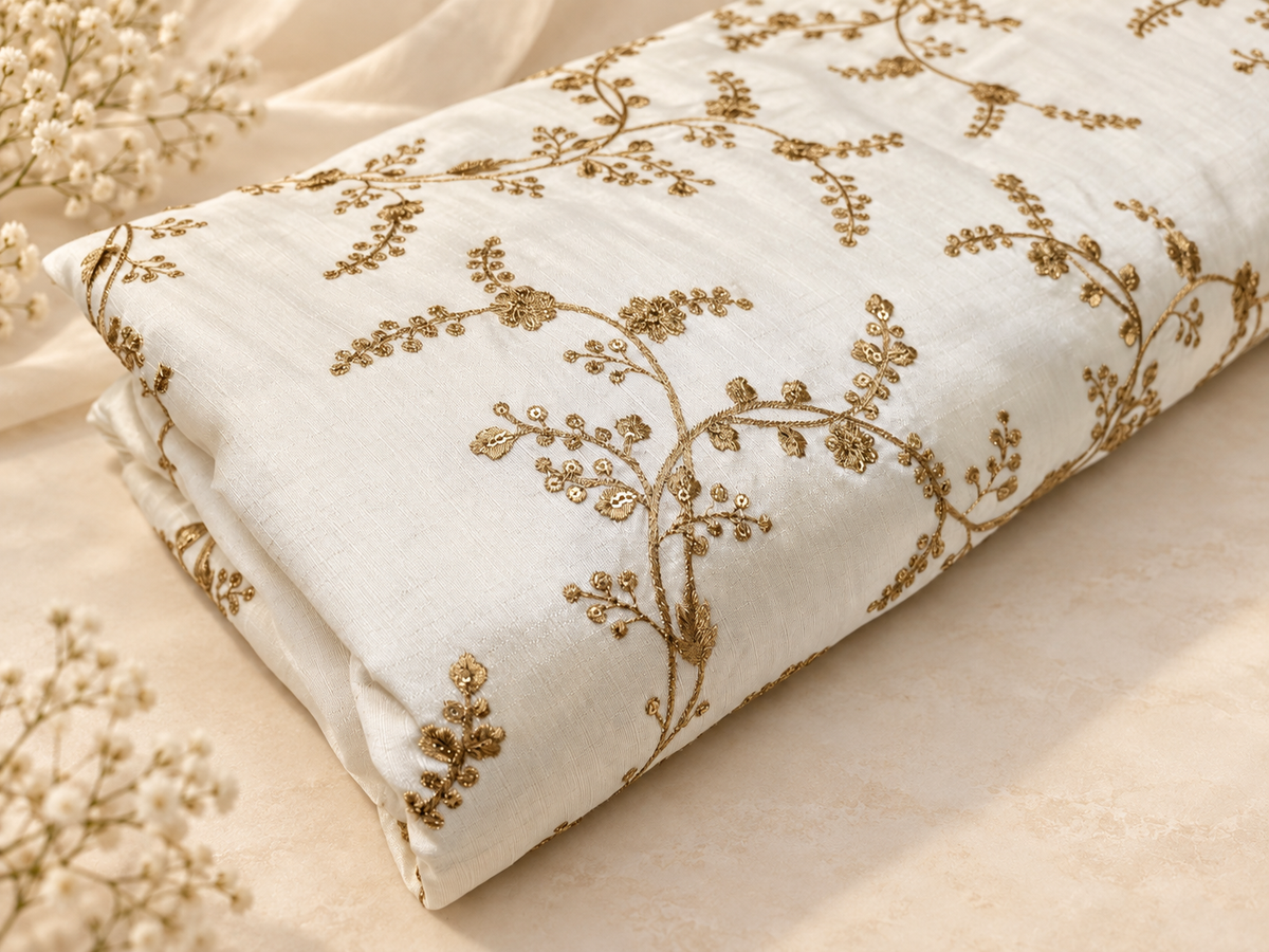 Embroidered fabric Ivory Gold Embroidery dress Fabric Bridal Dress Luxury Wedding Veil Indian Lehenga fabric upholstrey fabric by the yard