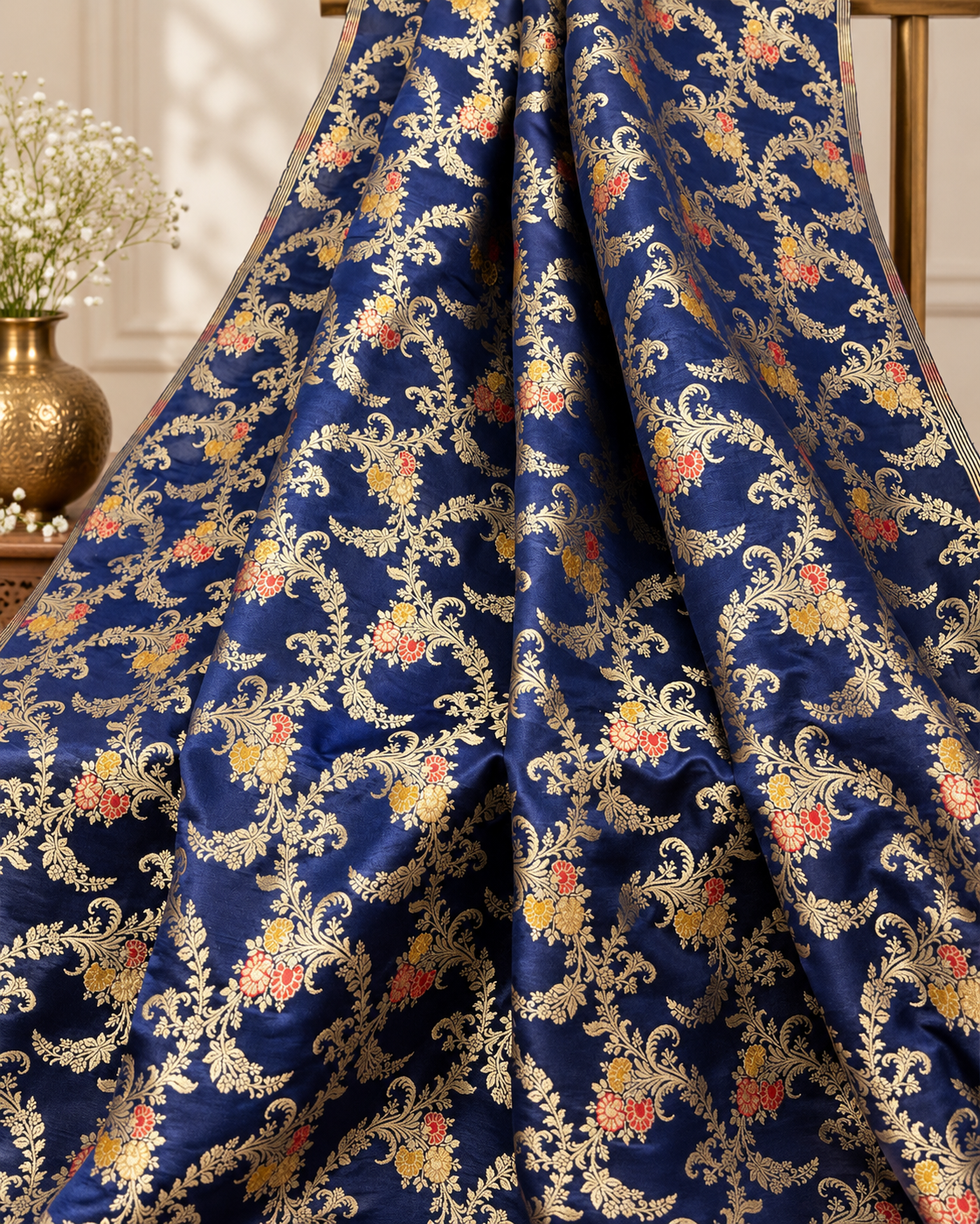 Navy Blue Gold Jacquard Brocade Fabric Floral Brocade Dress Fashion Wedding Dress fabric Indian Lehenga Fabric by the yard/meter - NFAF317