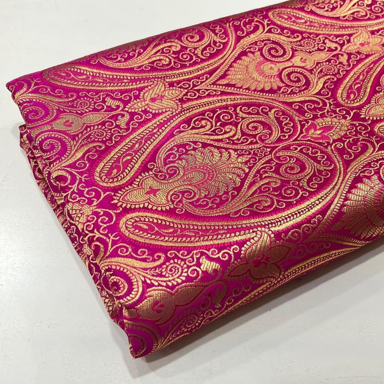 Indian Banarasi Brocade fabric in Pink and Gold color,  Multiple lengths will come in a continuous piece - NF327