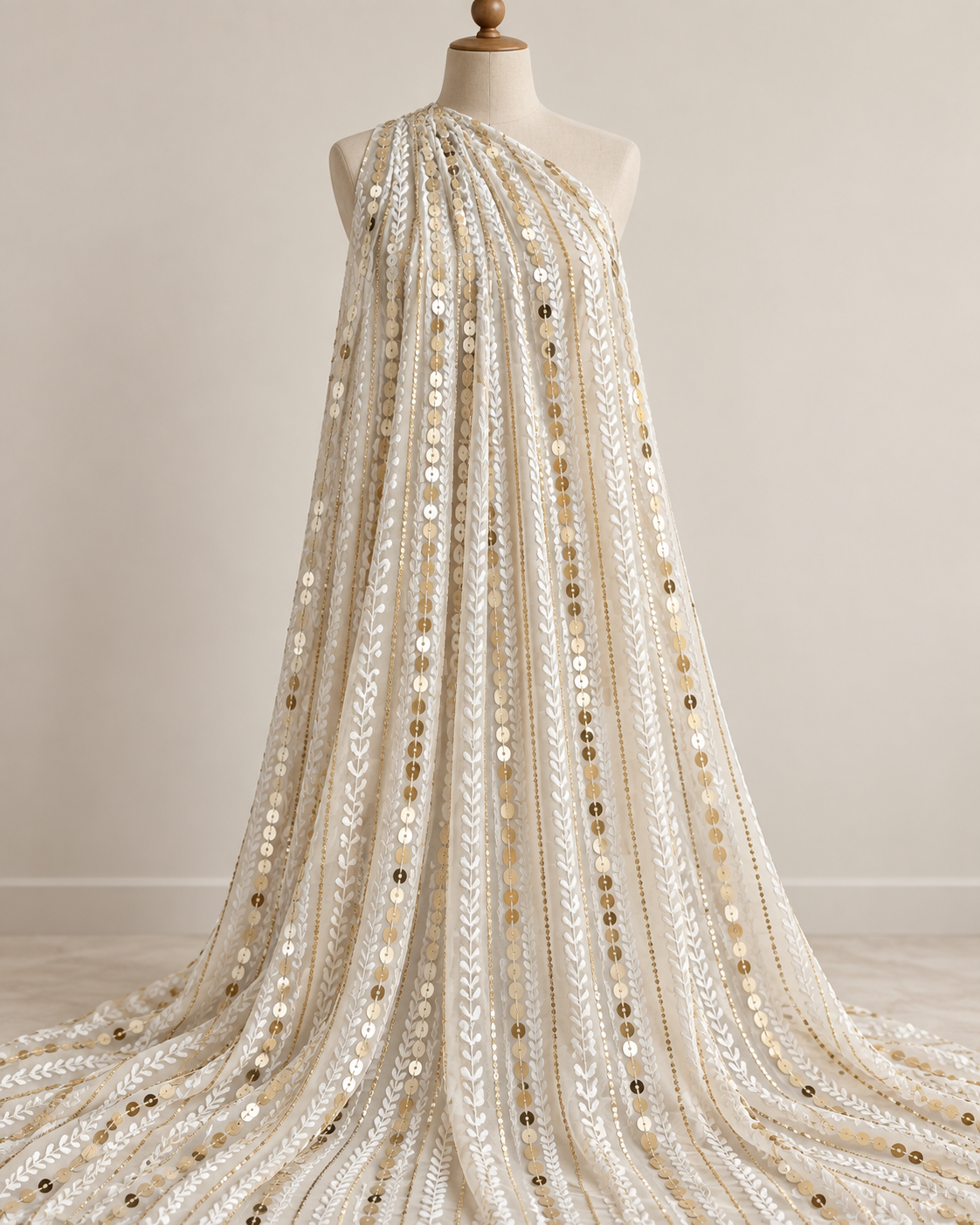 Embroidered Georgette fabric White Gold Wedding Bridal dress Gold embroidery Lehenga Fabric Dyeable dupatta fabric by the yard -NFAF332