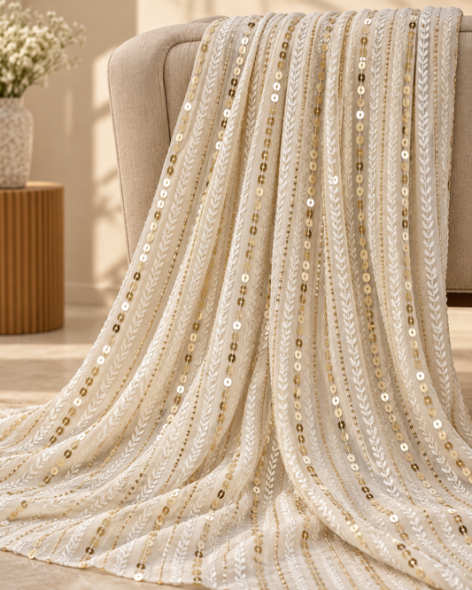 Embroidered Georgette fabric White Gold Wedding Bridal dress Gold embroidery Lehenga Fabric Dyeable dupatta fabric by the yard -NFAF332