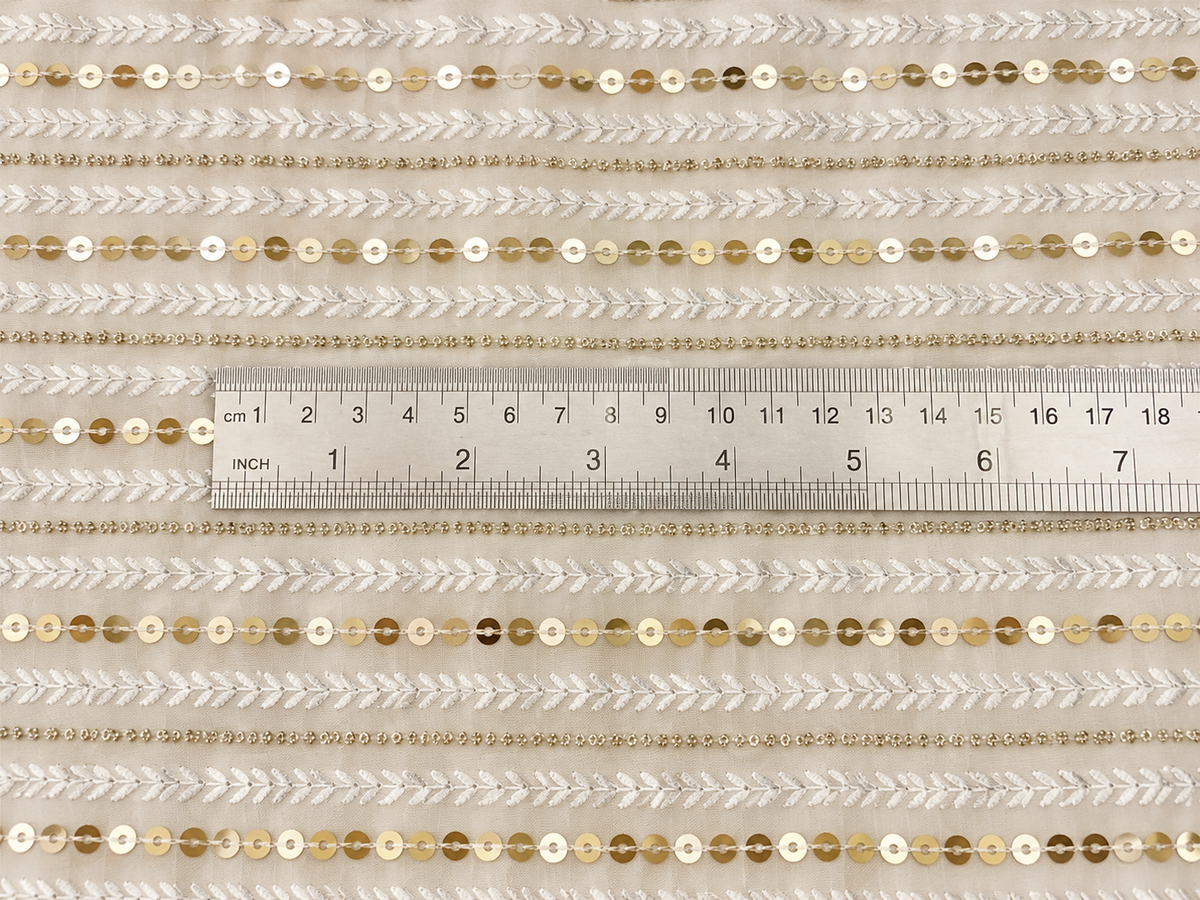 Embroidered Georgette fabric White Gold Wedding Bridal dress Gold embroidery Lehenga Fabric Dyeable dupatta fabric by the yard -NFAF332