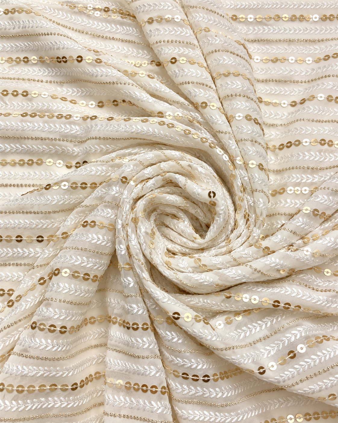 Embroidered Georgette fabric White Gold Wedding Bridal dress Gold embroidery Lehenga Fabric Dyeable dupatta fabric by the yard -NFAF332