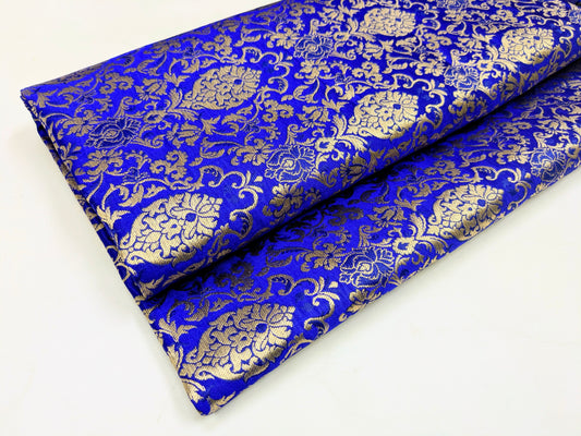 banarasi brocade fabric, Blue gold damask jacquard brocade, Wedding dress, Floral designer fabric, Vintage fabric, Fabric by the yard/meter- NFAF34
