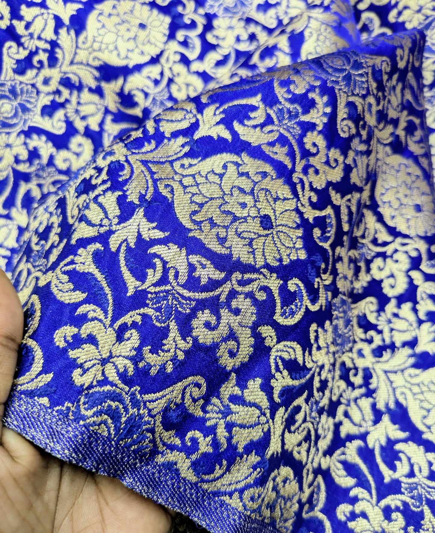 banarasi brocade fabric, Blue gold damask jacquard brocade, Wedding dress, Floral designer fabric, Vintage fabric, Fabric by the yard/meter- NFAF34