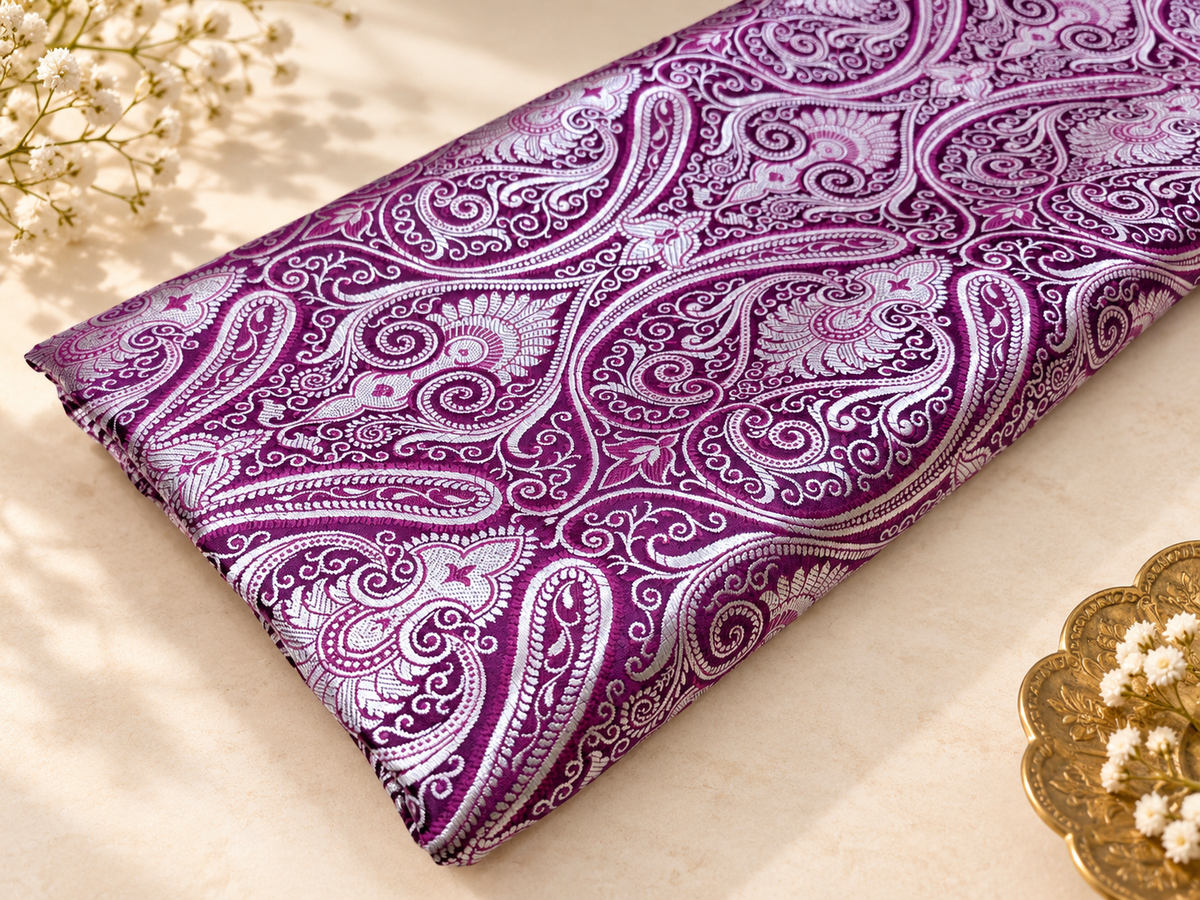 Purple Silver Brocade fabric by the yard Jacquard fabric Damask Fabric Wedding bridal  Banarasi brocade Indian Silk Brocade-NFAF353