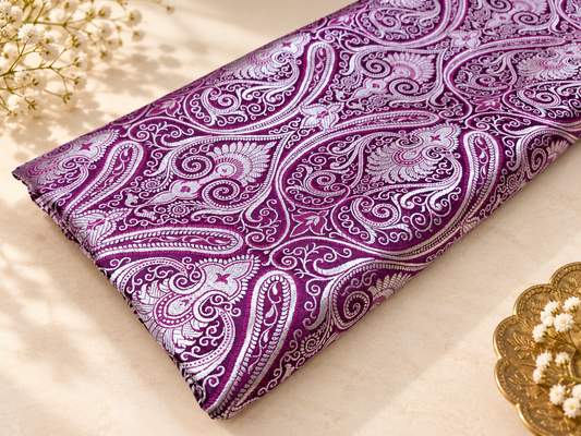 Purple Silver Brocade fabric by the yard Jacquard fabric Damask Fabric Wedding bridal  Banarasi brocade Indian Silk Brocade-NFAF353