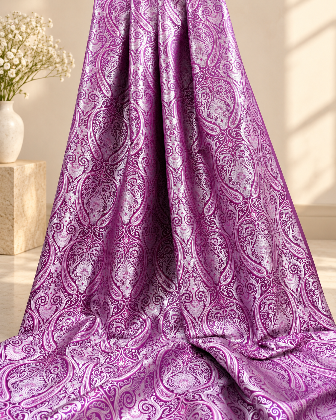 Purple Silver Brocade fabric by the yard Jacquard fabric Damask Fabric Wedding bridal  Banarasi brocade Indian Silk Brocade-NFAF353