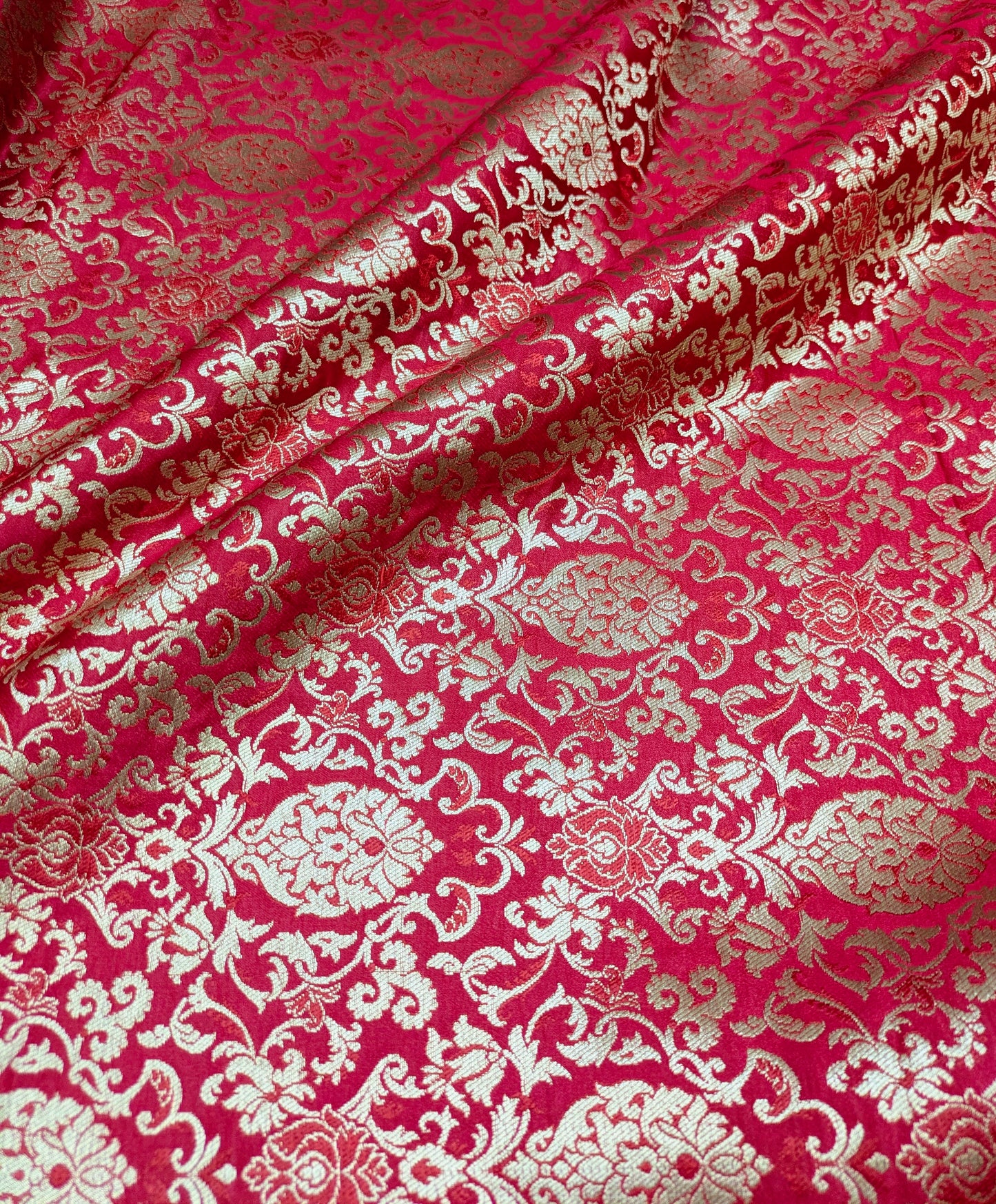 Red Gold Brocade fabric by the yard Jacquard damask fabric Wedding Bridal Dress Fabric Upholstery Silk Brocade Fabric by the yard- NFAF359