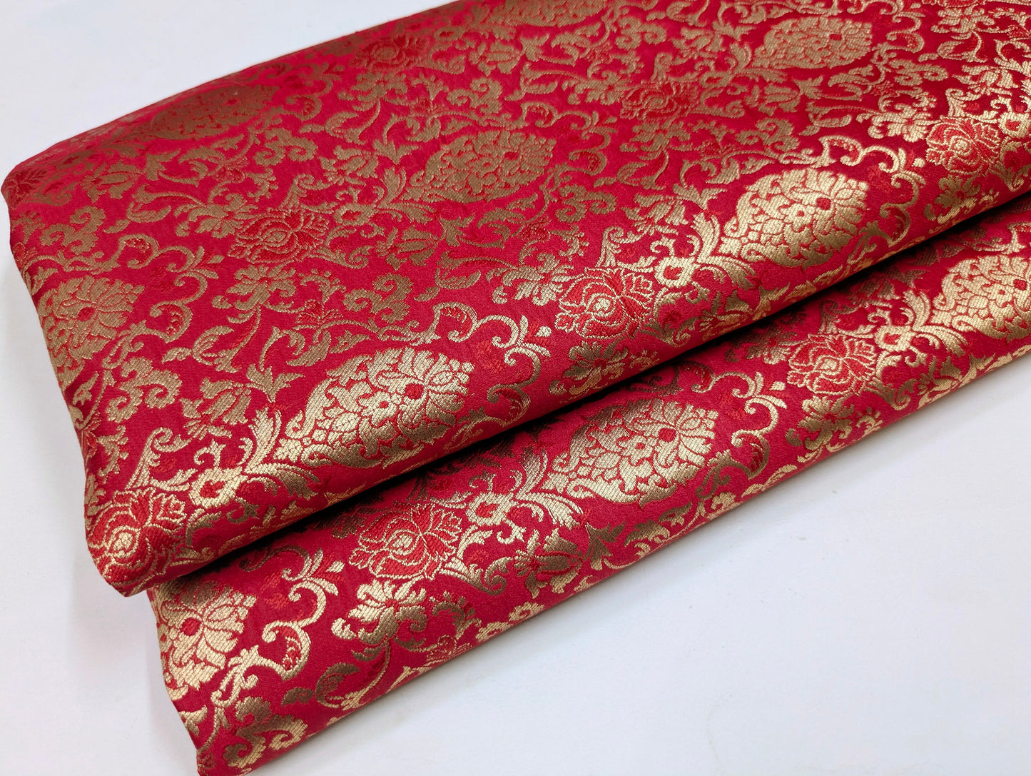 Red Gold Brocade fabric by the yard Jacquard damask fabric Wedding Bridal Dress Fabric Upholstery Silk Brocade Fabric by the yard- NFAF359