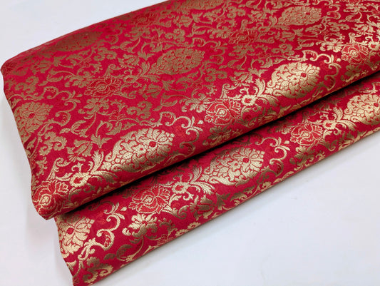 Red Gold Brocade fabric by the yard Jacquard damask fabric Wedding Bridal Dress Fabric Upholstery Silk Brocade Fabric by the yard- NFAF359