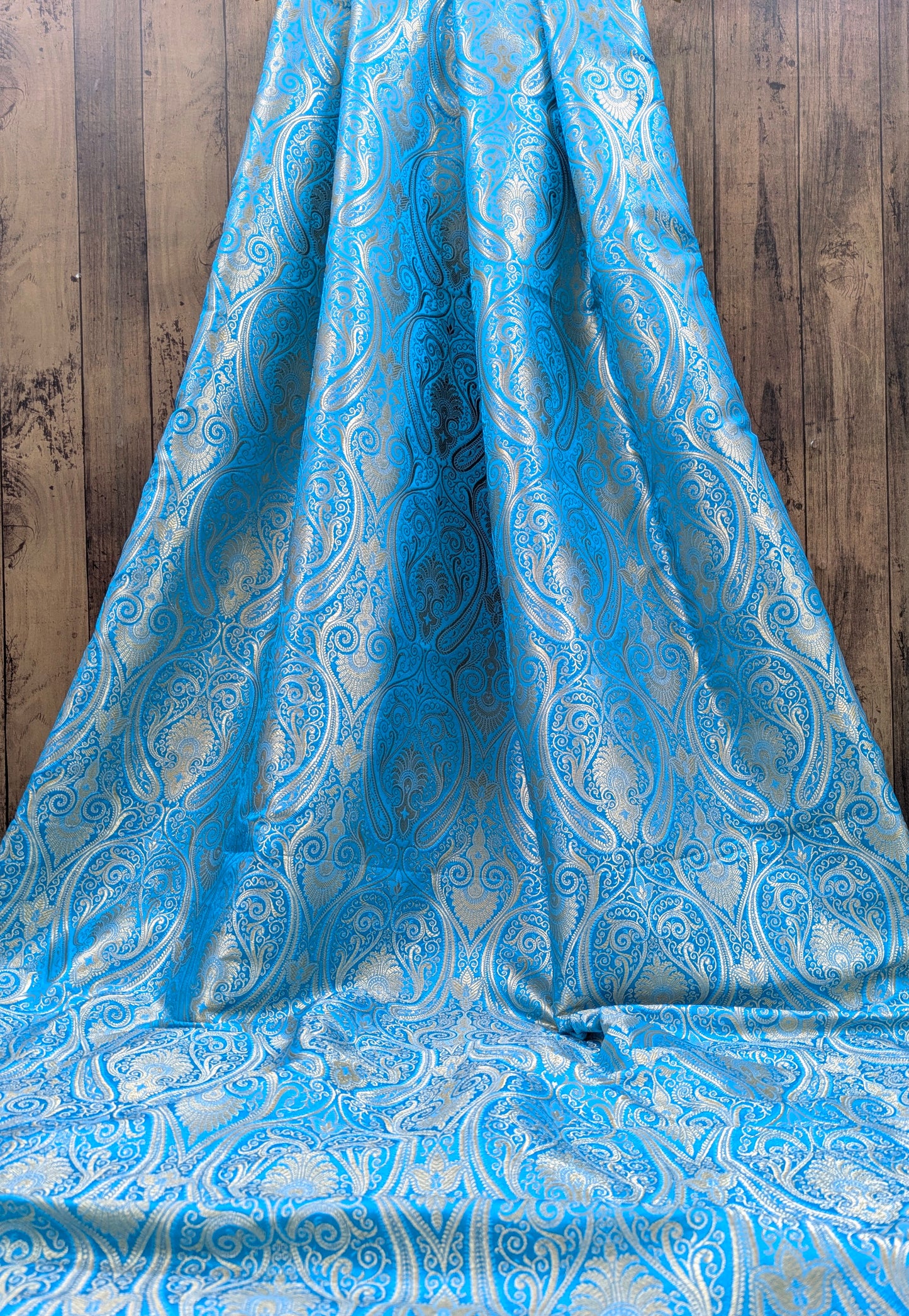 Blue Gold Banarasi Brocade fabric by the yard Jacquard damask fabric Upholstery Brocade Fabric Wedding Bridal Silk Dress fabric- NFAF37
