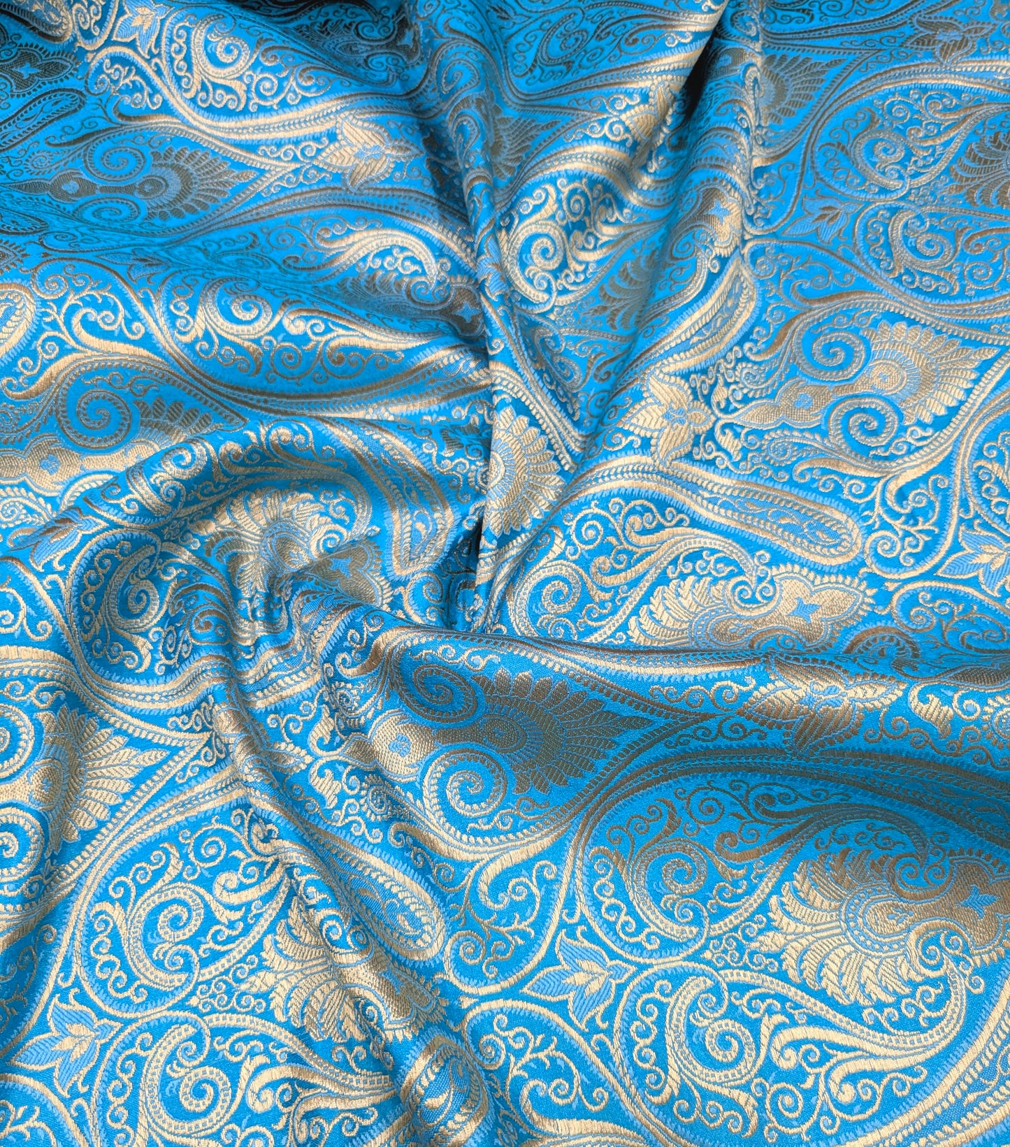 Blue Gold Banarasi Brocade fabric by the yard Jacquard damask fabric Upholstery Brocade Fabric Wedding Bridal Silk Dress fabric- NFAF37