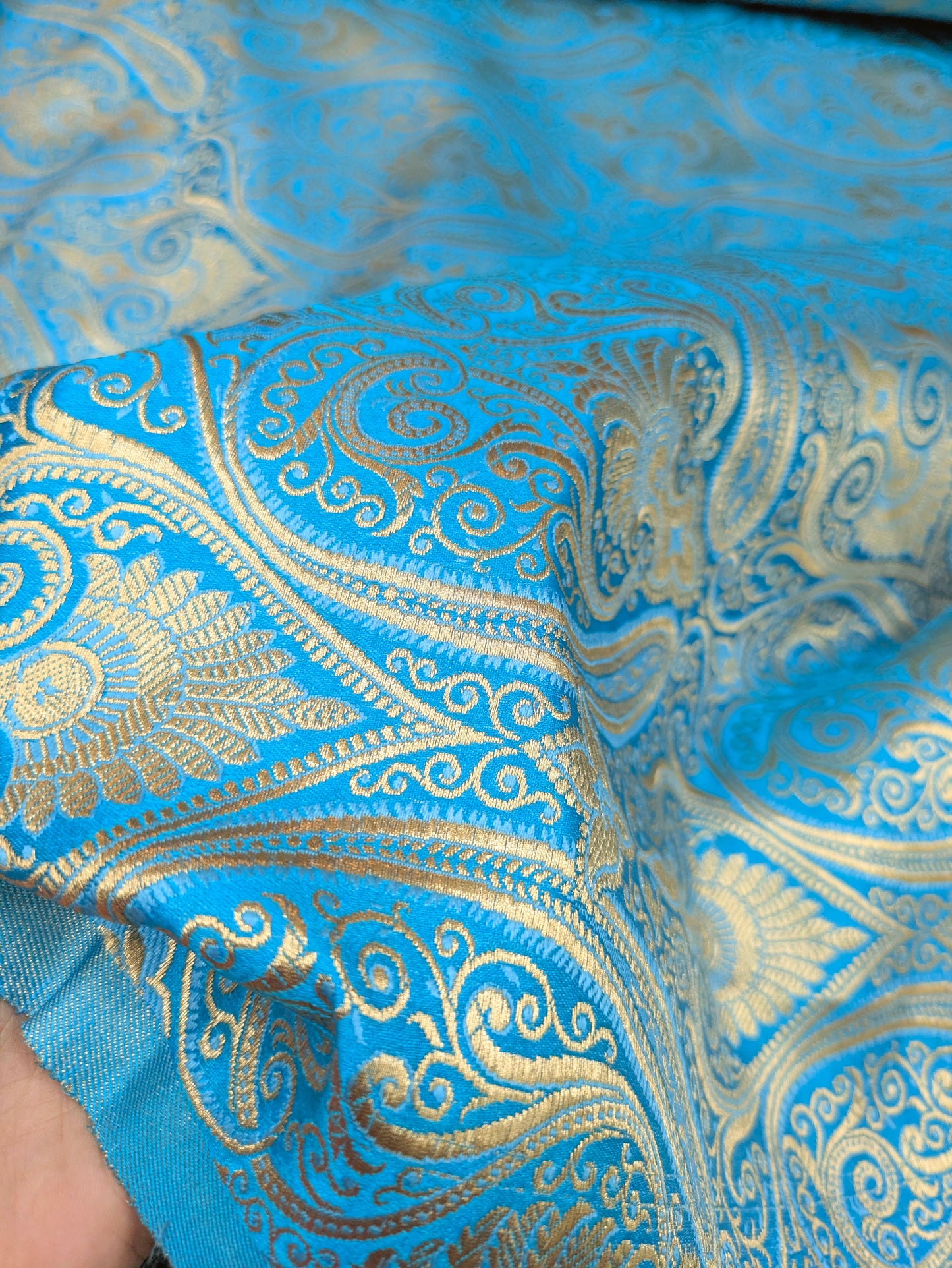 Blue Gold Banarasi Brocade fabric by the yard Jacquard damask fabric Upholstery Brocade Fabric Wedding Bridal Silk Dress fabric- NFAF37