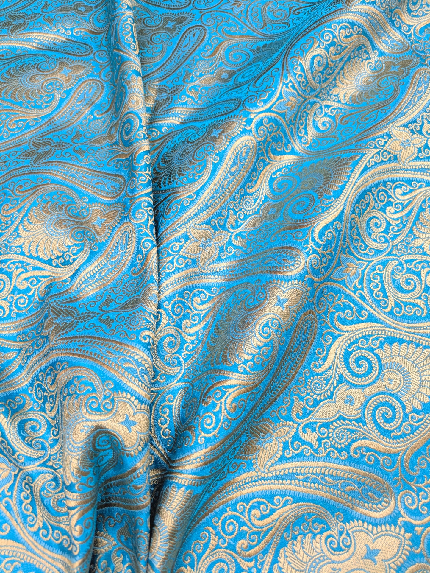 Blue Gold Banarasi Brocade fabric by the yard Jacquard damask fabric Upholstery Brocade Fabric Wedding Bridal Silk Dress fabric- NFAF37