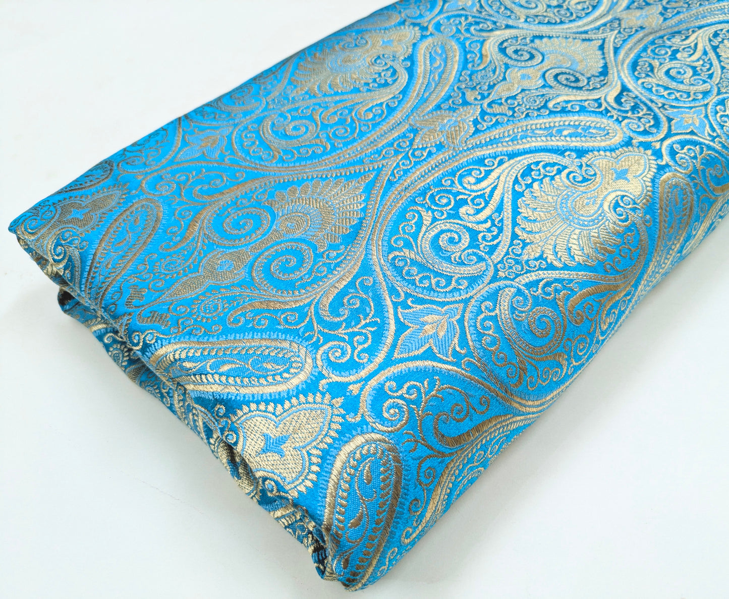 Blue Gold Banarasi Brocade fabric by the yard Jacquard damask fabric Upholstery Brocade Fabric Wedding Bridal Silk Dress fabric- NFAF37