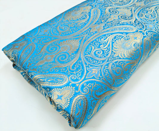 Blue Gold Banarasi Brocade fabric by the yard Jacquard damask fabric Upholstery Brocade Fabric Wedding Bridal Silk Dress fabric- NFAF37