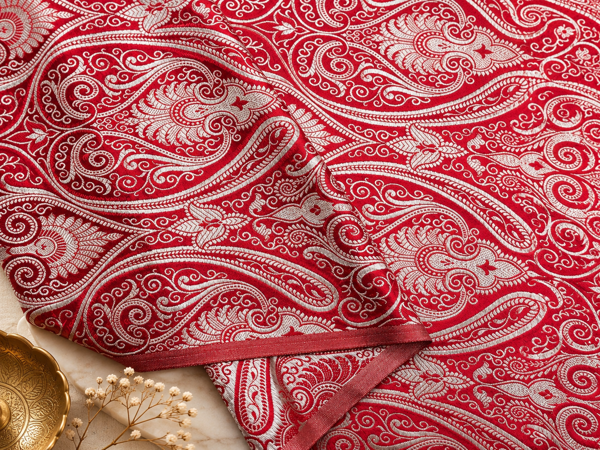 Banarasi brocade fabric Red Silver Paisley brocade Wedding Dress Rayon Silk Brocade Home décor fabric Lace brocade by the yard - NFAF399