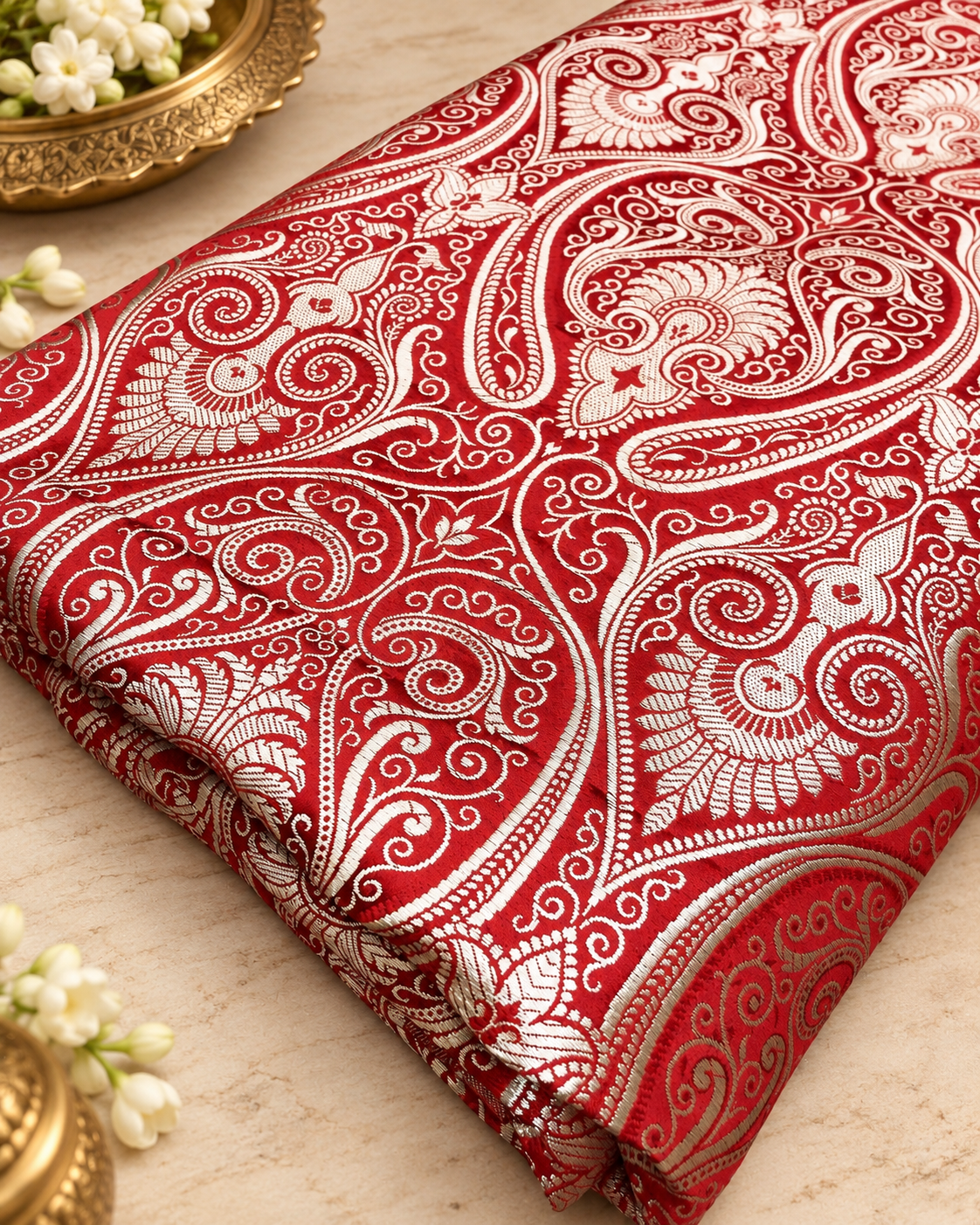 Banarasi brocade fabric Red Silver Paisley brocade Wedding Dress Rayon Silk Brocade Home décor fabric Lace brocade by the yard - NFAF399