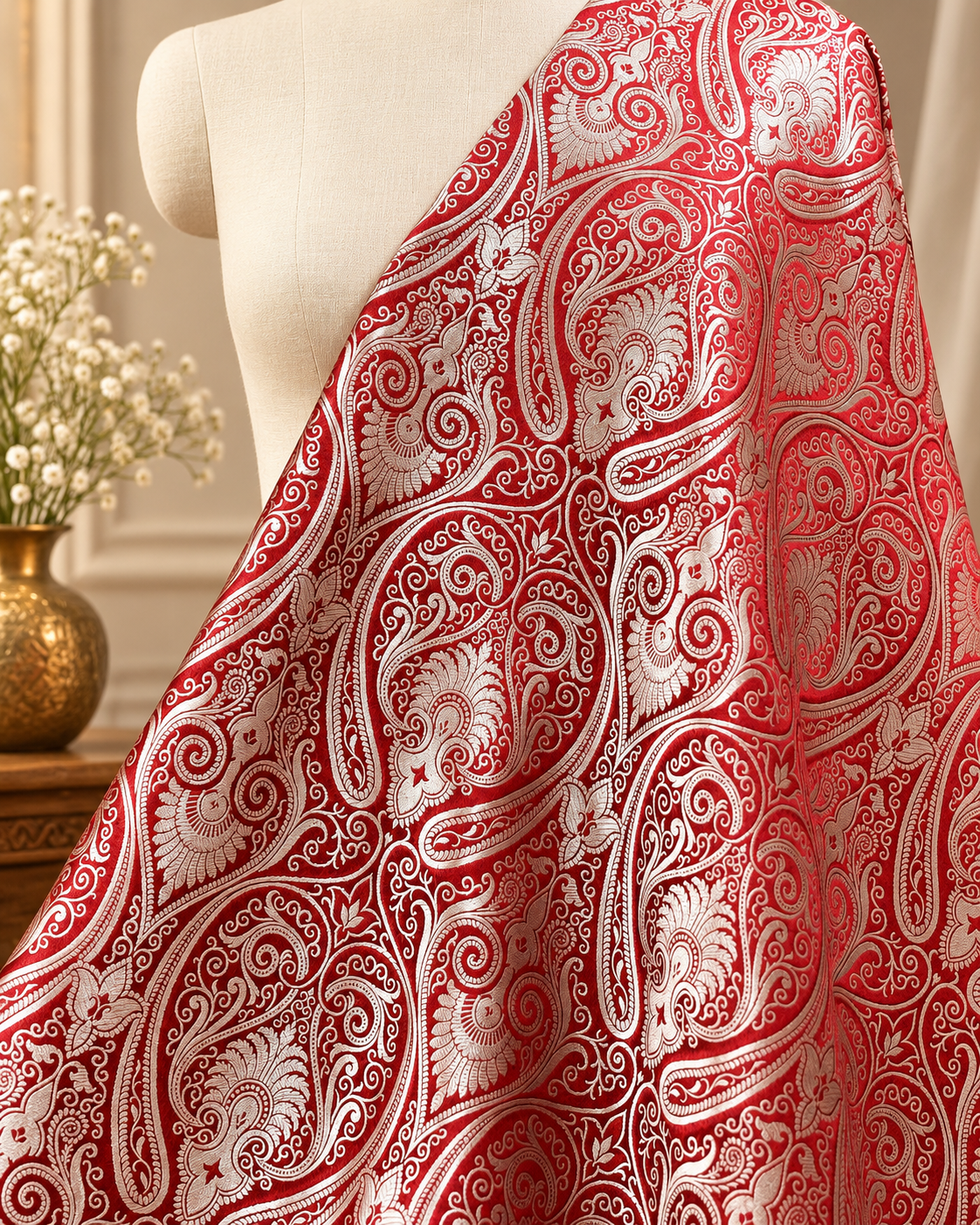 Banarasi brocade fabric Red Silver Paisley brocade Wedding Dress Rayon Silk Brocade Home décor fabric Lace brocade by the yard - NFAF399