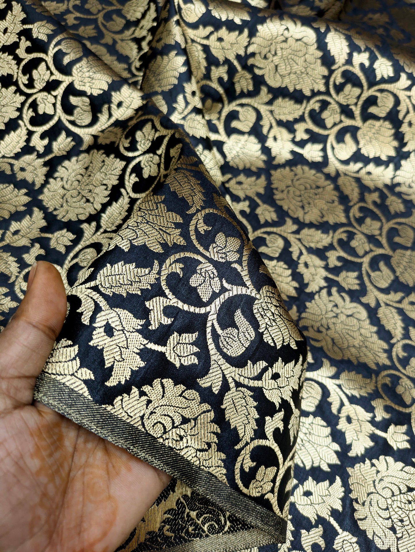 Banarasi brocade fabric, Black gold Wedding fabric, Jacquard fabric, Rayon silk brocade, Historical fabric, Fabric by the yard/meter - NFAF423