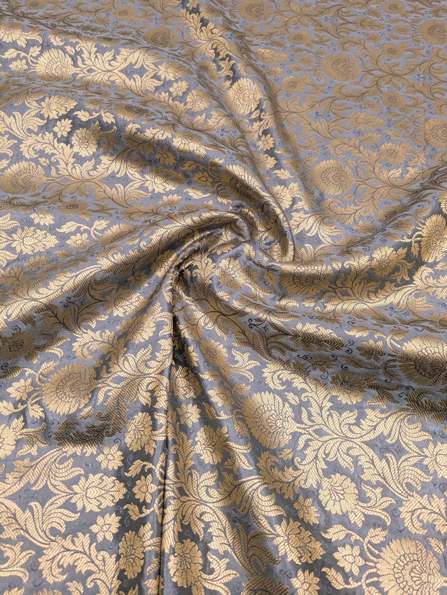 Gray and gold damask jacquard brocade fabric, Flower brocade, Rayon silk brocade, Historical fabric, Metallic brocade - NFAF440