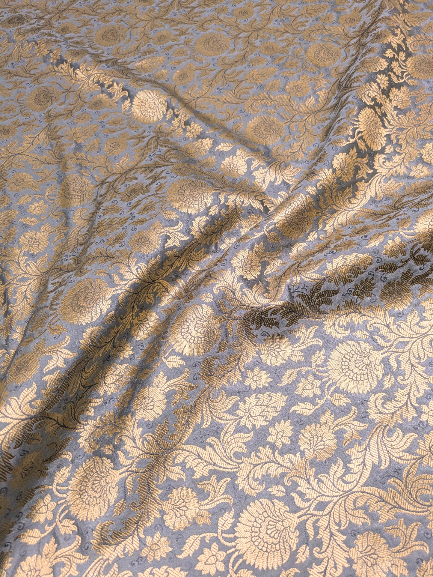 Gray and gold damask jacquard brocade fabric, Flower brocade, Rayon silk brocade, Historical fabric, Metallic brocade - NFAF440