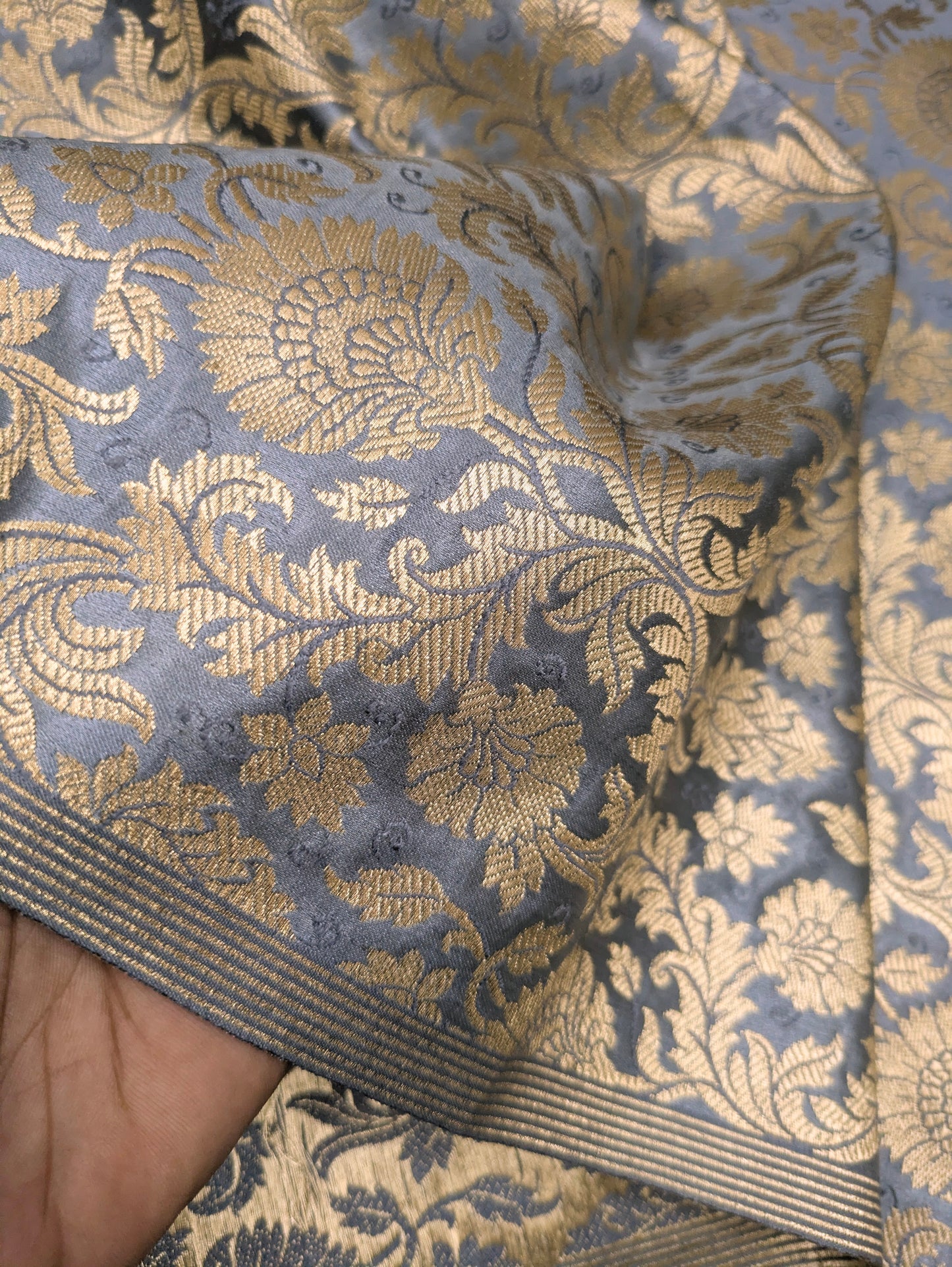 Gray and gold damask jacquard brocade fabric, Flower brocade, Rayon silk brocade, Historical fabric, Metallic brocade - NFAF440