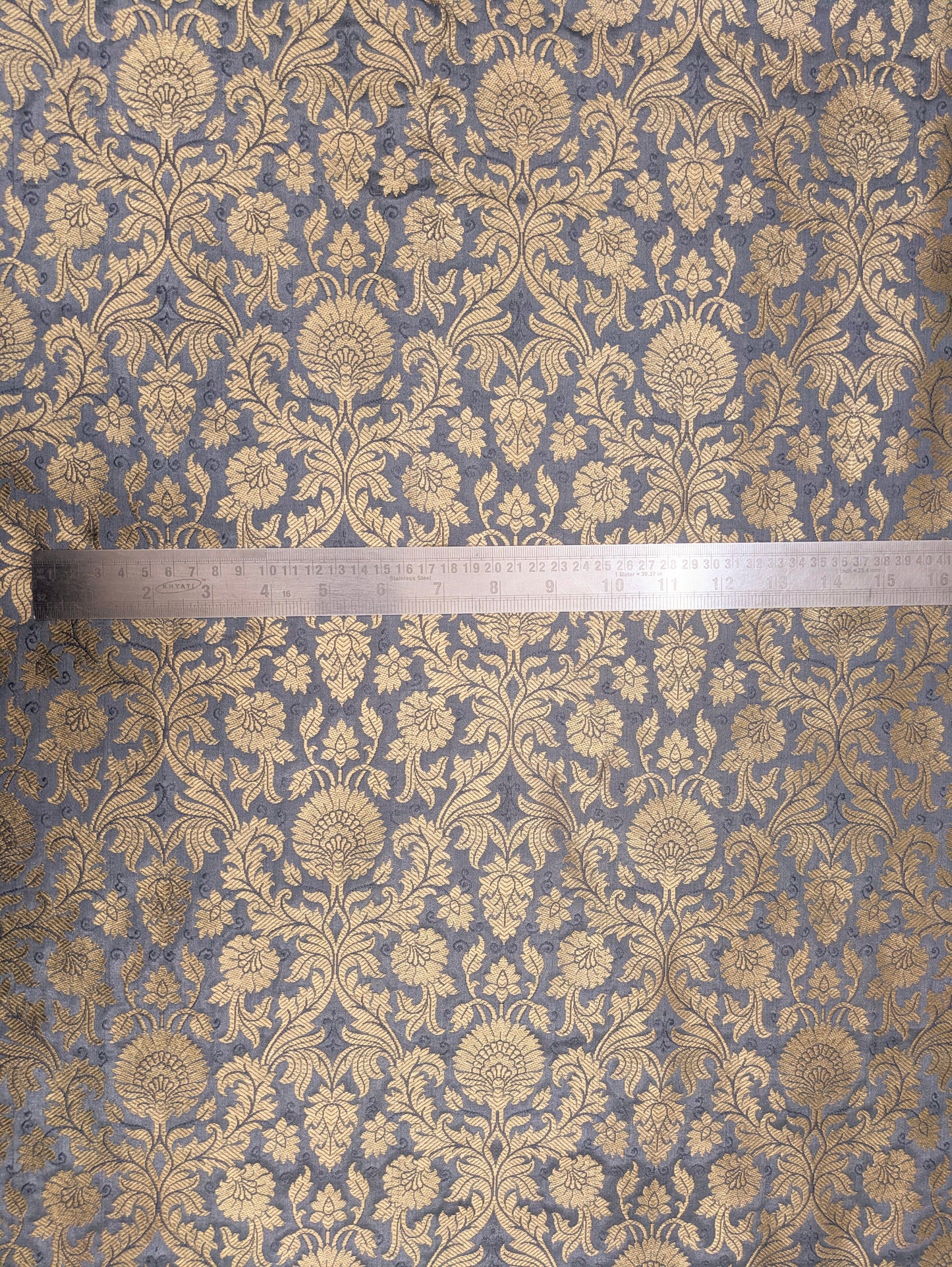 Gray and gold damask jacquard brocade fabric, Flower brocade, Rayon silk brocade, Historical fabric, Metallic brocade - NFAF440