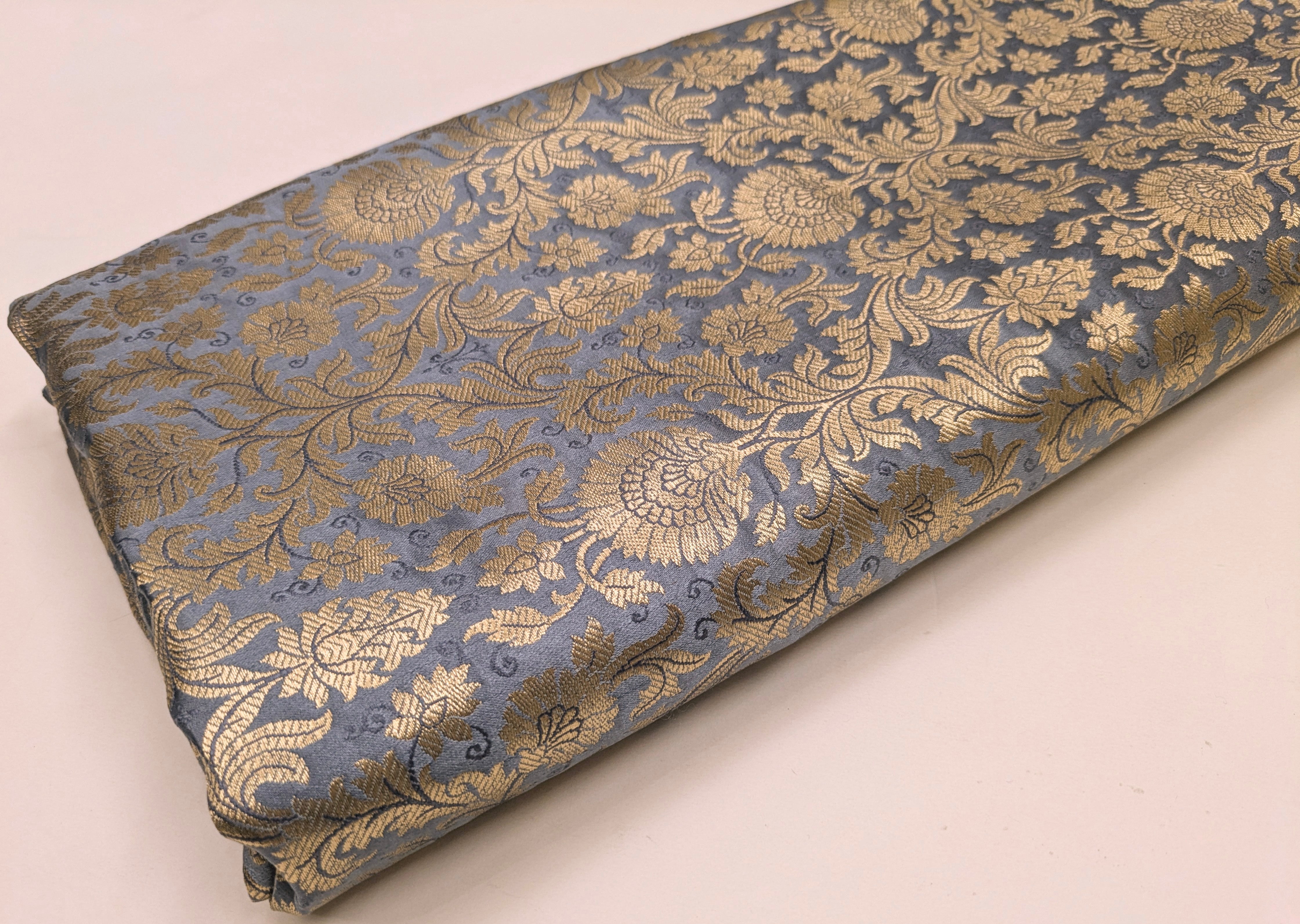 Gray and gold damask jacquard brocade fabric, Flower brocade, Rayon si ...
