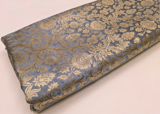 Gray and gold damask jacquard brocade fabric, Flower brocade, Rayon silk brocade, Historical fabric, Metallic brocade - NFAF440