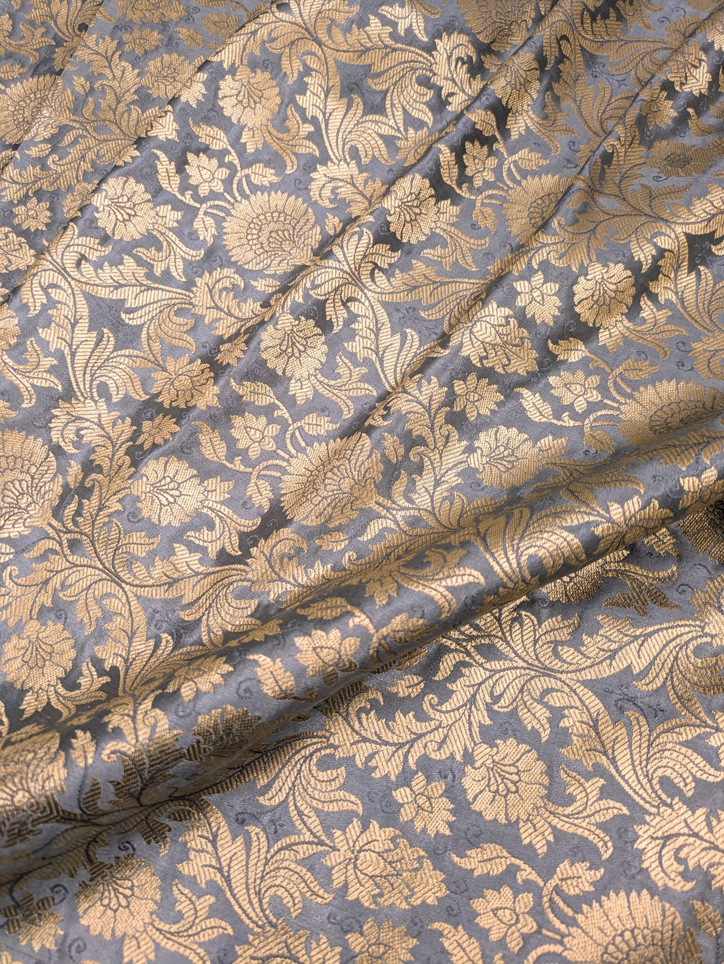 Gray and gold damask jacquard brocade fabric, Flower brocade, Rayon silk brocade, Historical fabric, Metallic brocade - NFAF440