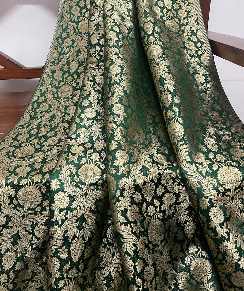 Indian Banarasi Brocade Fabric in Green and Gold color, Multiple lengths will come in the continuous piece - NF445