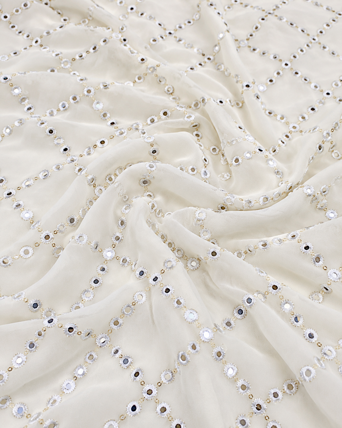 Off white embroidered fabric, Georgette foil mirror fabric, Gold fabric, Wedding inspiration, Bridesmaid dress, Fashion fabric, Indian fabric, Thread embroidery - NFAF462