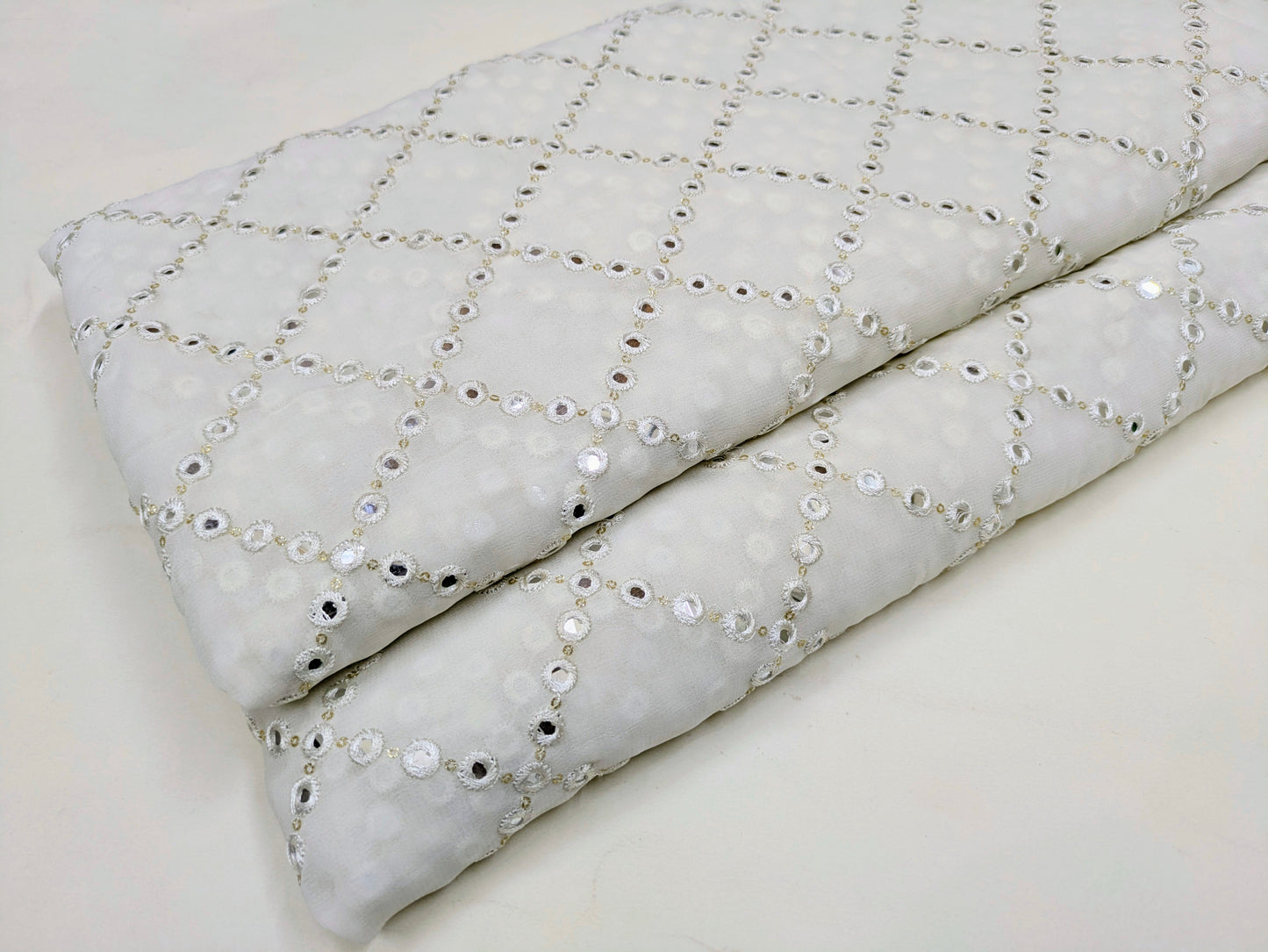 Off white embroidered fabric, Georgette foil mirror fabric, Gold fabric, Wedding inspiration, Bridesmaid dress, Fashion fabric, Indian fabric, Thread embroidery - NFAF462