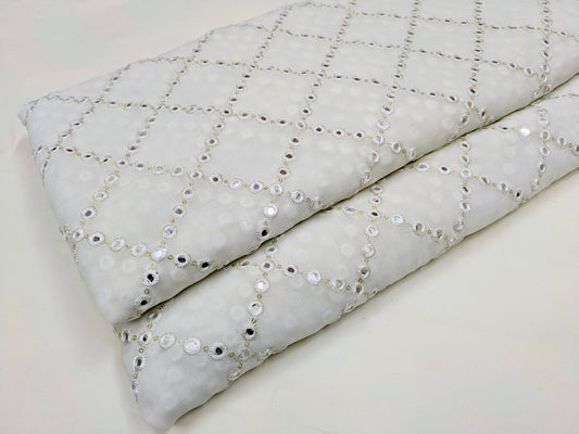 Off white embroidered fabric, Georgette foil mirror fabric, Gold fabric, Wedding inspiration, Bridesmaid dress, Fashion fabric, Indian fabric, Thread embroidery - NFAF462