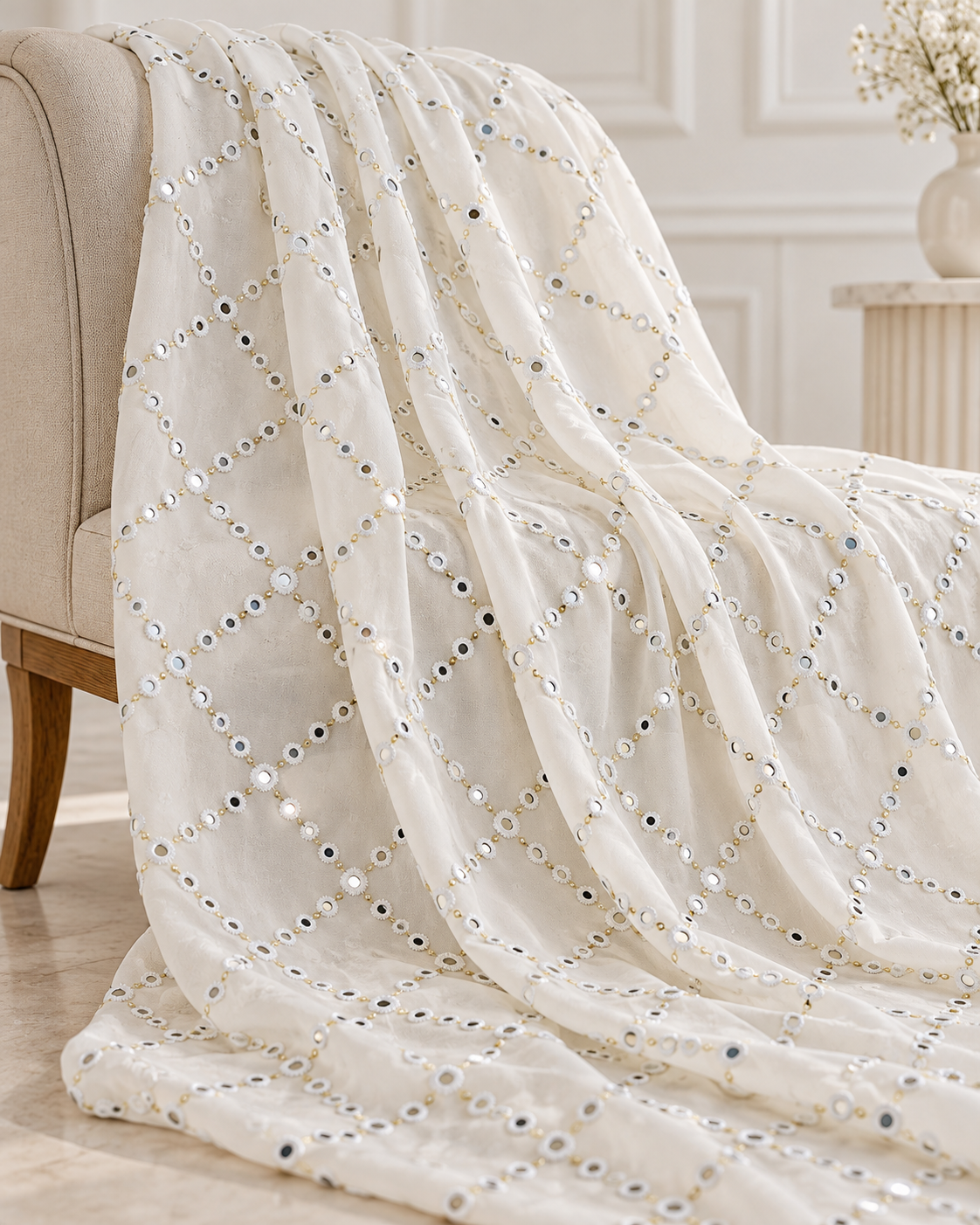 Off white embroidered fabric, Georgette foil mirror fabric, Gold fabric, Wedding inspiration, Bridesmaid dress, Fashion fabric, Indian fabric, Thread embroidery - NFAF462