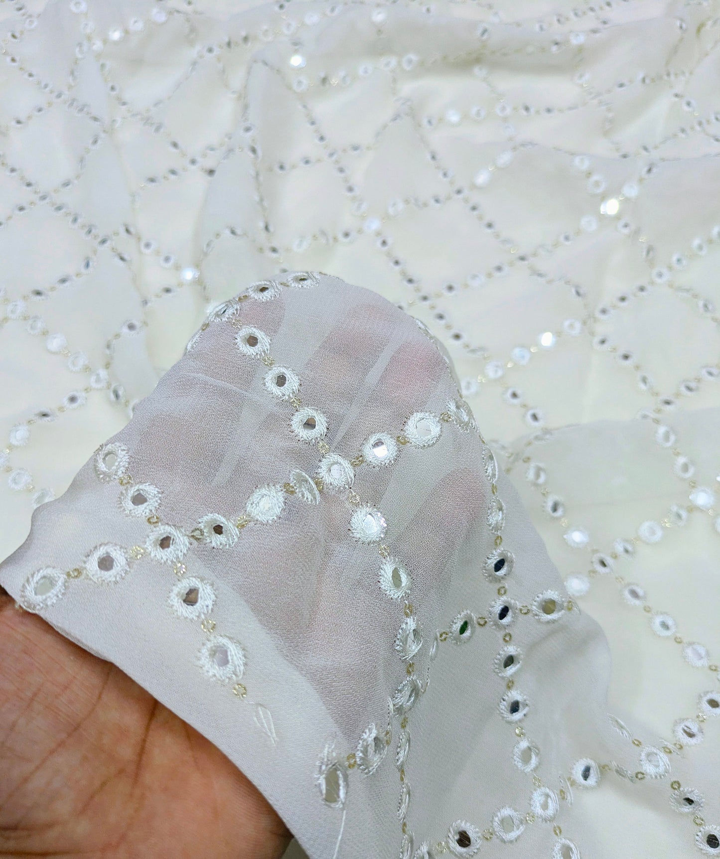 Off white embroidered fabric, Georgette foil mirror fabric, Gold fabric, Wedding inspiration, Bridesmaid dress, Fashion fabric, Indian fabric, Thread embroidery - NFAF462