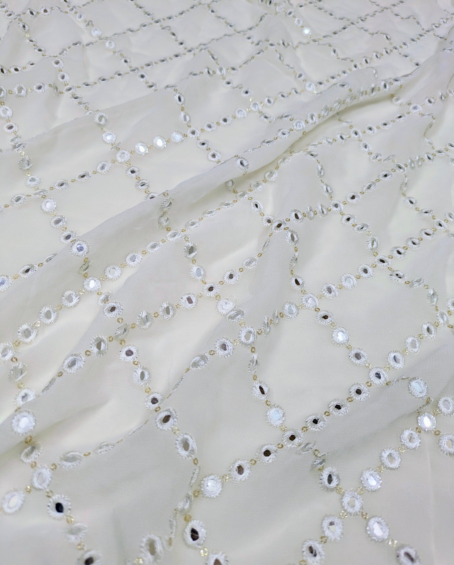 Off white embroidered fabric, Georgette foil mirror fabric, Gold fabric, Wedding inspiration, Bridesmaid dress, Fashion fabric, Indian fabric, Thread embroidery - NFAF462