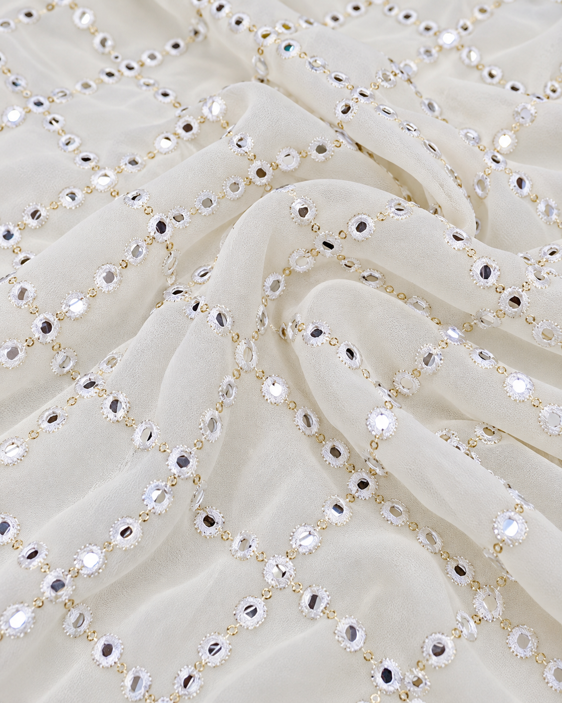 Off white embroidered fabric, Georgette foil mirror fabric, Gold fabric, Wedding inspiration, Bridesmaid dress, Fashion fabric, Indian fabric, Thread embroidery - NFAF462