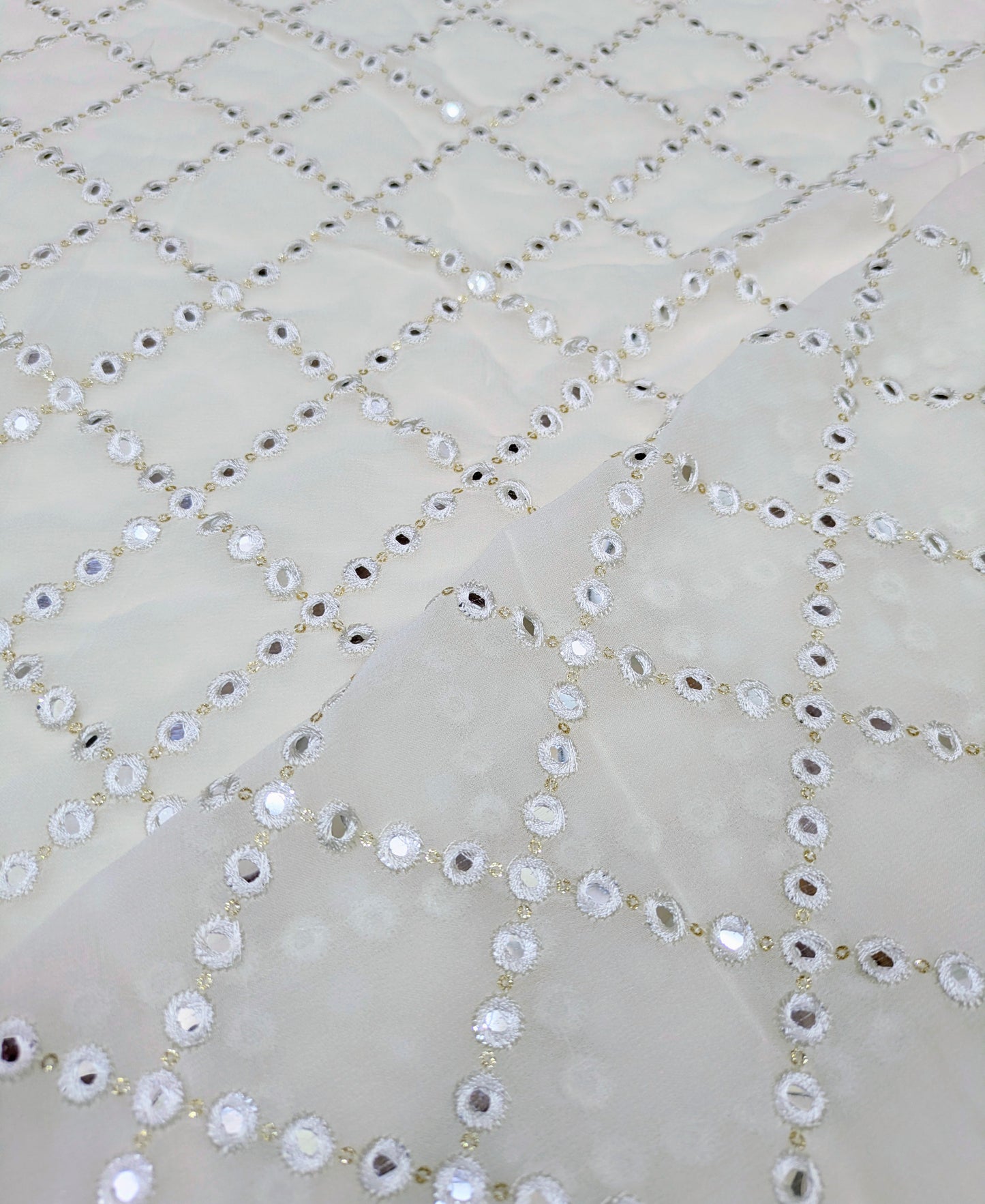 Off white embroidered fabric, Georgette foil mirror fabric, Gold fabric, Wedding inspiration, Bridesmaid dress, Fashion fabric, Indian fabric, Thread embroidery - NFAF462