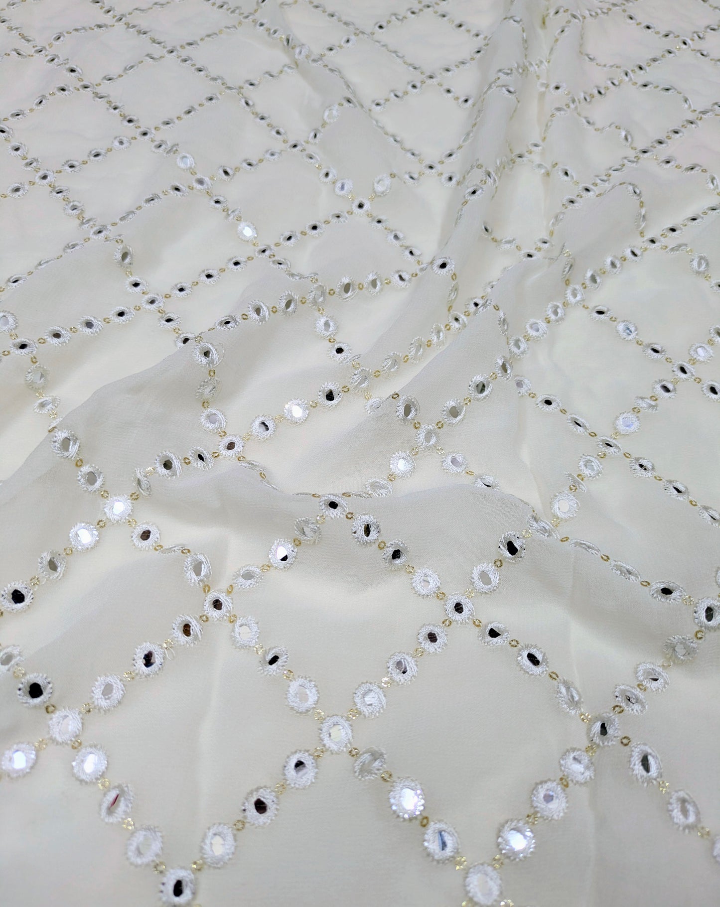 Off white embroidered fabric, Georgette foil mirror fabric, Gold fabric, Wedding inspiration, Bridesmaid dress, Fashion fabric, Indian fabric, Thread embroidery - NFAF462