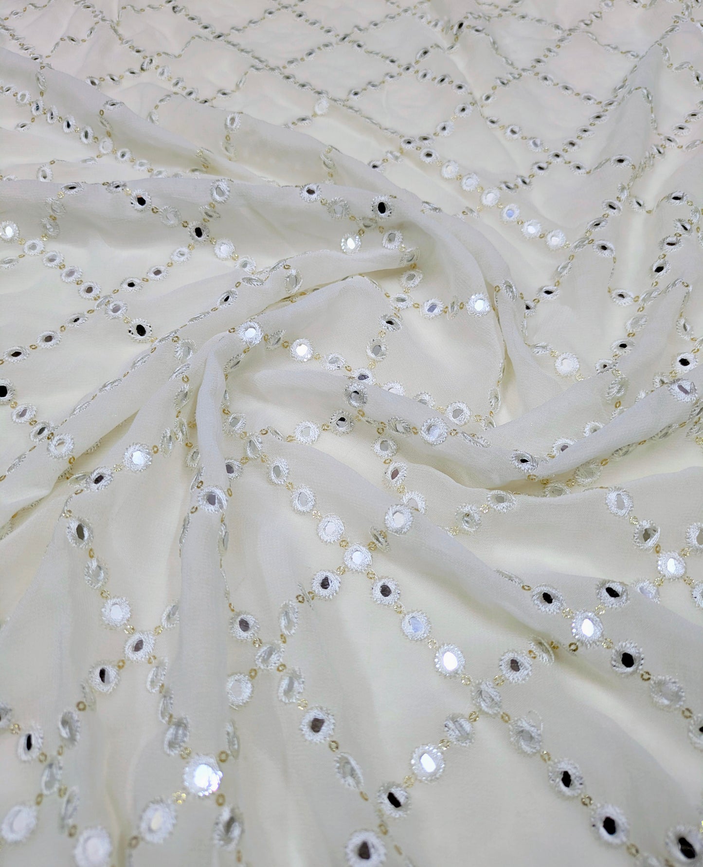 Off white embroidered fabric, Georgette foil mirror fabric, Gold fabric, Wedding inspiration, Bridesmaid dress, Fashion fabric, Indian fabric, Thread embroidery - NFAF462