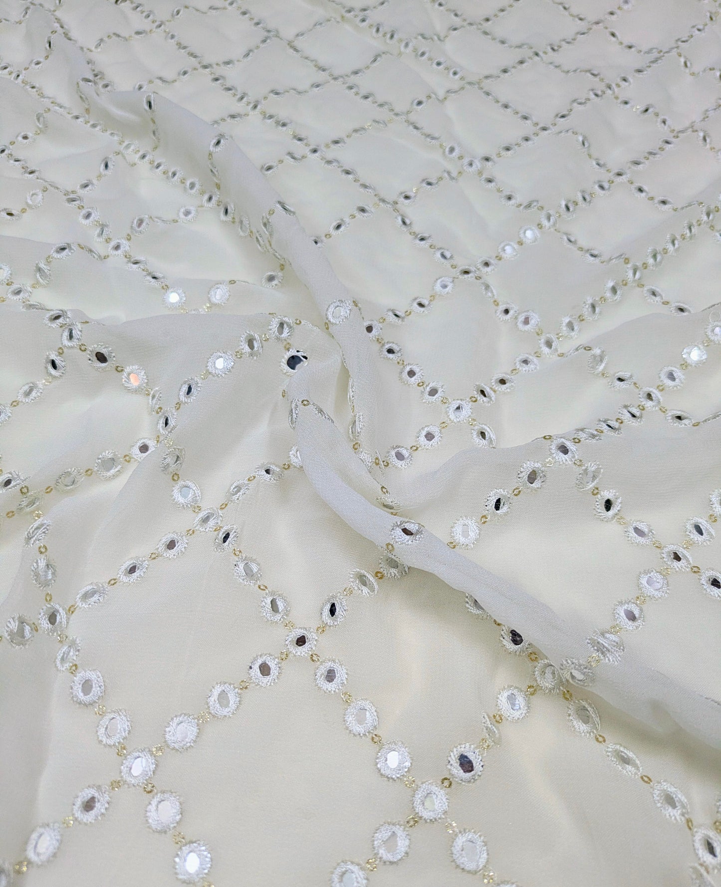 Off white embroidered fabric, Georgette foil mirror fabric, Gold fabric, Wedding inspiration, Bridesmaid dress, Fashion fabric, Indian fabric, Thread embroidery - NFAF462