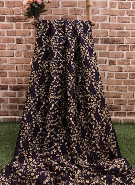 Indian Embroidered Fabric in Dark purple and gold color,  Multiple lengths will come in the continuous piece - NF476