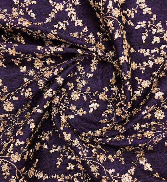 Indian Embroidered Fabric in Dark purple and gold color,  Multiple lengths will come in the continuous piece - NF476