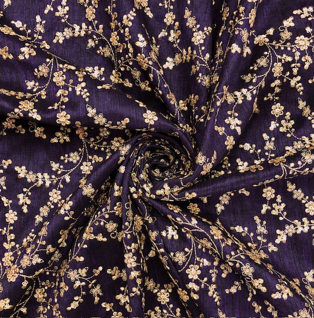 Indian Embroidered Fabric in Dark purple and gold color,  Multiple lengths will come in the continuous piece - NF476