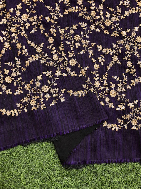 Indian Embroidered Fabric in Dark purple and gold color,  Multiple lengths will come in the continuous piece - NF476